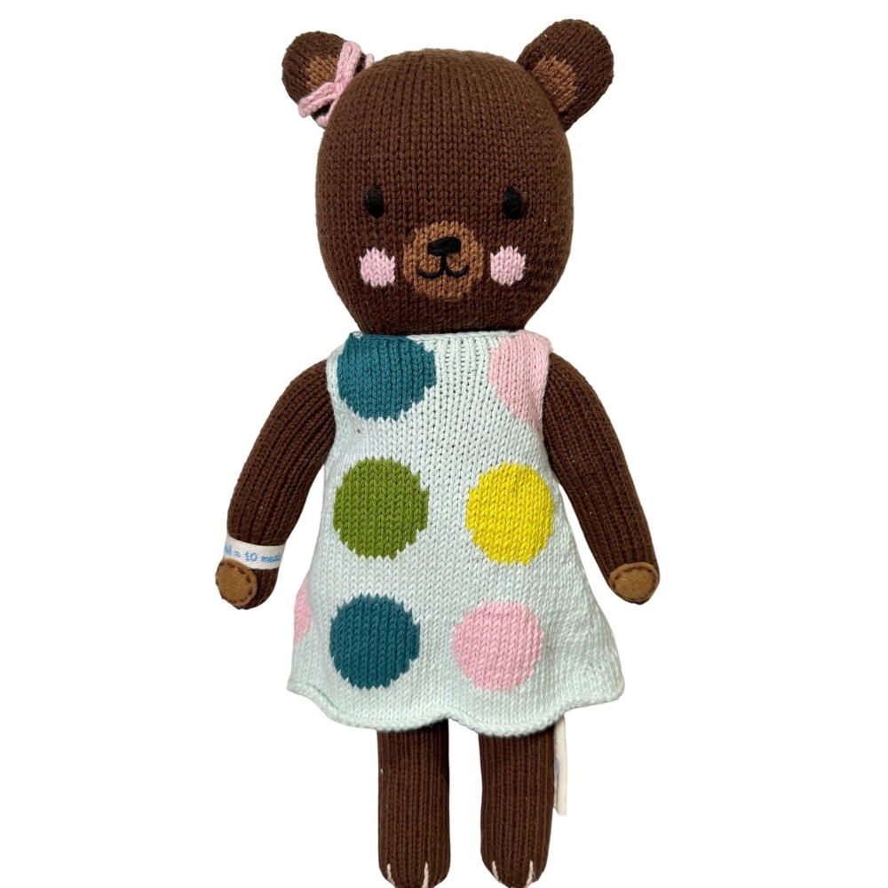 Cuddle + Kind Ivy the Bear 13" Hand Knit Doll Brown Polka Dot Dress Peru Plush